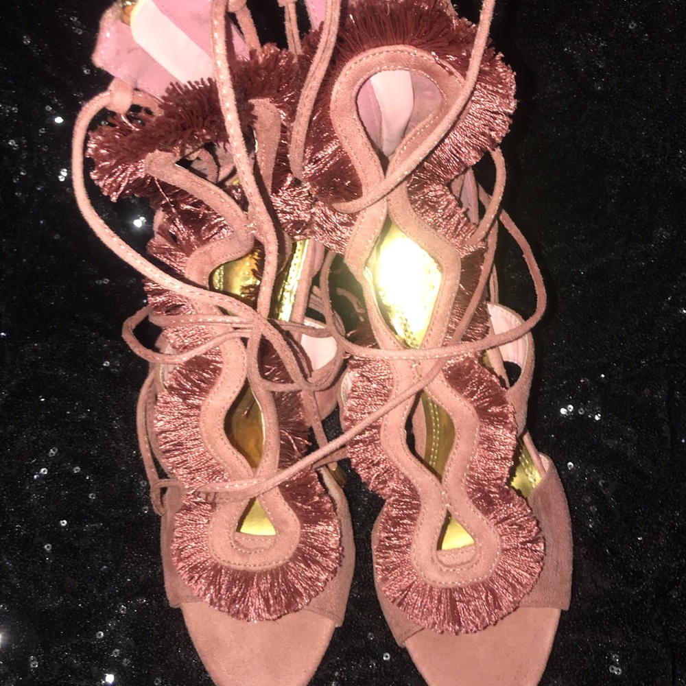Mauve fringe lace up heels